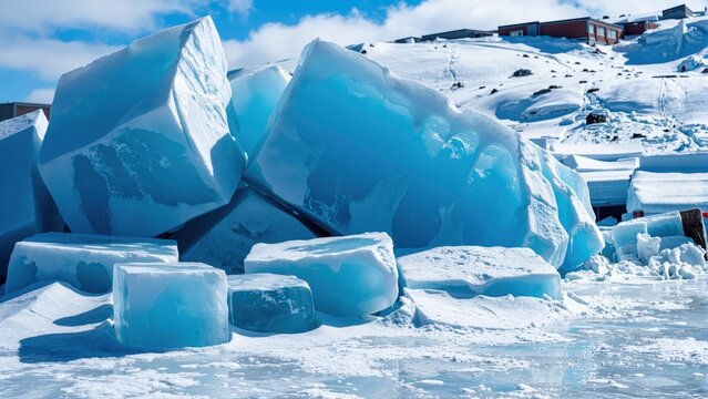 Frozen Cubes: A dazzling array of glacial ice cubes, rendered in hues of turquoise and sapphire, stand majestically against a backdrop of snow-covered terrain.
