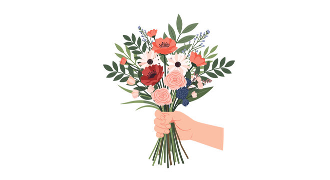 Human hand holding a large and colorful bouquet of various flowers including red poppies and pink roses on a white background.