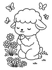 Fototapeta premium Divine Lamb and Butterflies: A charming illustration depicts a sweet lamb in prayer amidst blooming daisies, embraced by the gentle flutter of butterflies, evoking a sense of serenity.