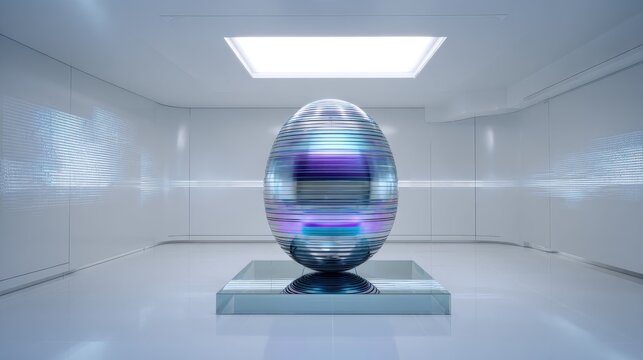 Futuristic glowing egg artifact presented in a clean, modern chamber
