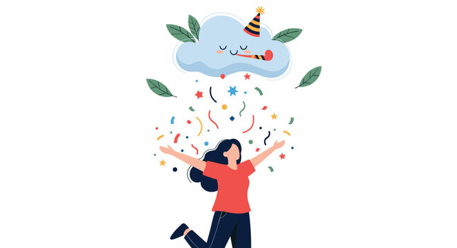 Happy young girl jumping with her arms wide open while colorful confetti falls from a party cloud wearing a festive hat.