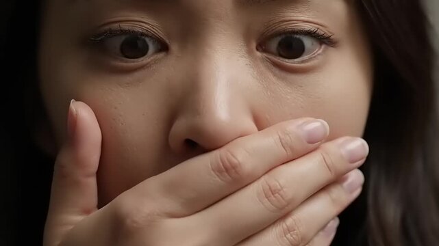 Woman covering mouth with hand gesture.