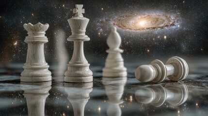 Obraz premium Cosmic chess pieces on a reflective board against a nebula backdrop