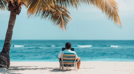 Obraz premium Man sits in striped beach chair, looking out at ocean from under shade of palm tree. High quality photo