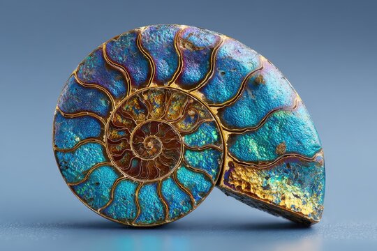 Ammonite Fossil Beauty: A mesmerizing close-up unveils the intricate beauty of an ammonite fossil, its spiraling chambers and iridescent hues shimmering against a serene backdrop.