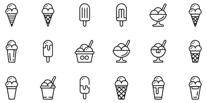 Versatile ice cream icon set in clean line style, featuring cones, popsicles, and sundaes for diverse graphic design applications.
