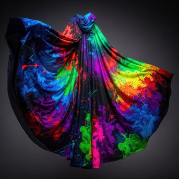 Intense splashes of neon ink and vivid paint collide on a flowing garment, showcasing a dramatic color explosion within high fashion design, saturation, clothes, outfit