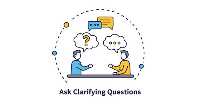 Two people engaged in a conversation with speech bubbles representing communication strategy to ask clarifying questions for better understanding.