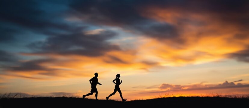 Couple jogging together at sunset, a clear silhouette against the vibrant orange and blue sky, symbolizing health and wellness