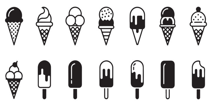 Ice cream outline and filled icons set, vector collection of frozen desserts including cones, sundaes, and popsicles.