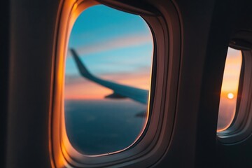 Obraz premium Airplane window showing a vibrant sunset sky and aircraft wing, capturing the beauty of travel and flight at golden hour
