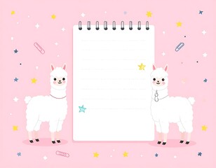 Fototapeta premium Cute Llamas with Blank Notebook Page.