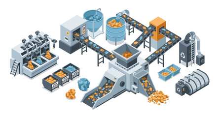 Isometric Illustration of an Industrial Waste Recycling and Sorting Factory Facility. © Budi