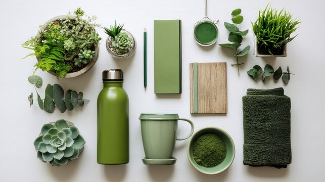 A variety of green and white objects arranged on a white surface, including succulents, a water bottle, a notebook, a mug, a towel, and a green plant in a pot.