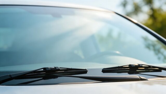 Car windshield with wipers in sunlight