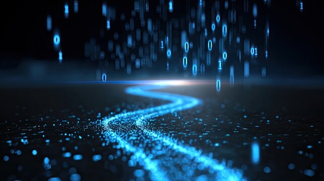 Blue digital stream flows, binary code rains down from above