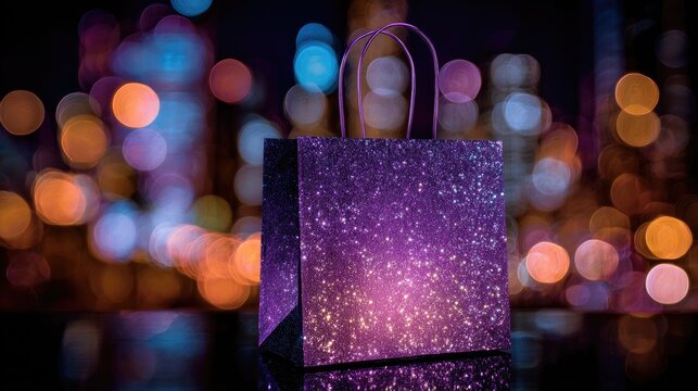 Sparkly gift bag with city lights bokeh background