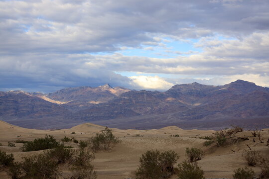 Desert Dunes with Mountain Range Under Dramatic Sky