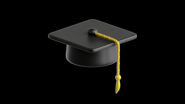 Smooth looping 3D animation of a black graduation cap with yellow tassel rotating on transparent background symbolizing education, achievement and academic success for modern e-learning visuals