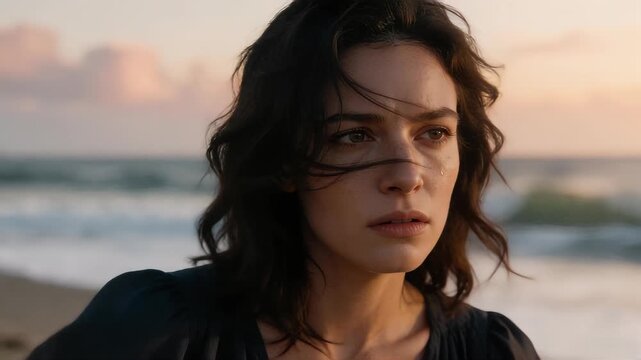 Pensive woman on beach at sunset with windblown hair