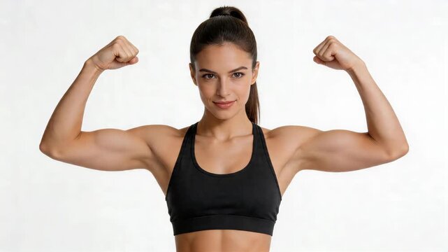 Confident woman flexing muscles in athletic wear on white background