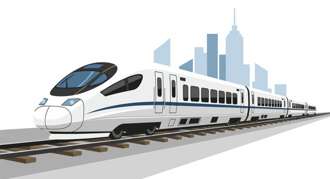 Sleek white high speed bullet train traveling on tracks with a modern city skyline in the light blue background.