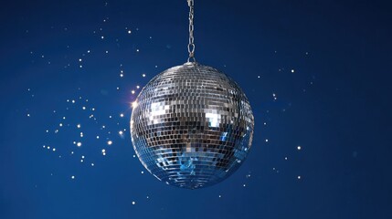 Obraz premium Hanging mirrored ball with glittering sparkles against dark blue