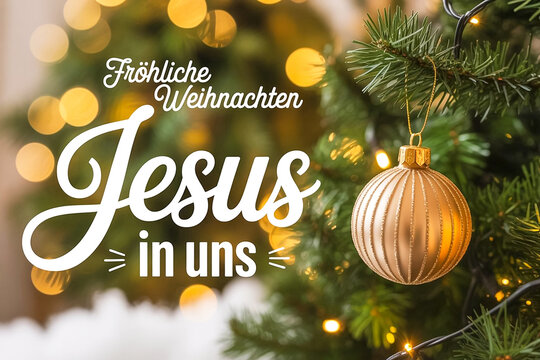 Frohliche Weihnachten Jesus in uns Merry Christmas Jesus in us festive holiday greeting with sparkling bokeh lights on a decorated Christmas tree branch with a golden bauble ornament and pine