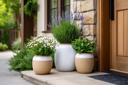 Elegant Front Door Garden Arrangement with Flower Pots and Lush Greenery in a Cozy Setting