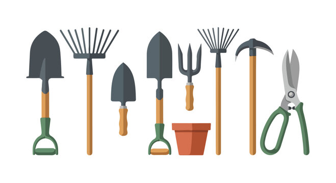 Various gardening tools on a white background