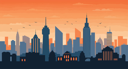 Vibrant city skyline at sunset with skyscrapers © Ucup