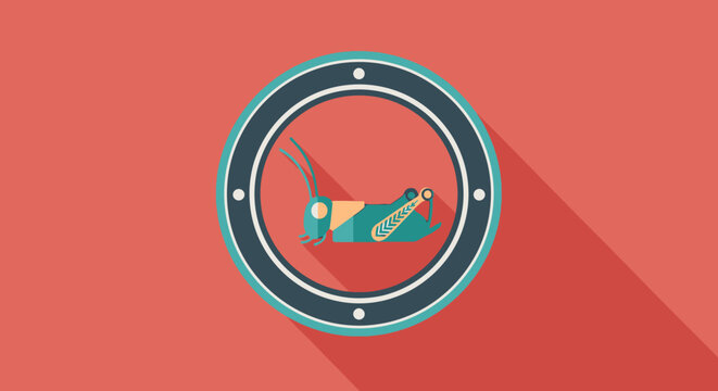Flat design grasshopper icon in circle with long shadow, vector illustration