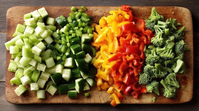 A wooden chopping board with chopped vegetables including celery, bell peppers, and broccoli, arranged in a colorful, vibrant display.