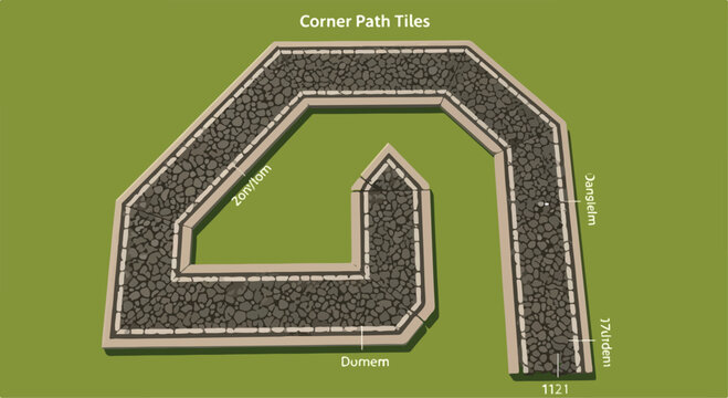 Isometric corner path tiles vector set, stone walkway garden elements on green grass, modular cobblestone road segments for landscape design