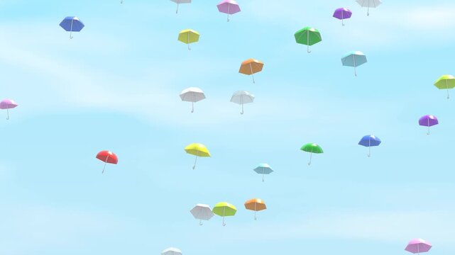 青空に舞い降りるたくさんのカラフルな傘の3DCG風景　301f～600f部分ループ