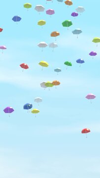 青空に舞い降りるたくさんのカラフルな傘の3DCG風景　縦長動画　301f～600f部分ループ