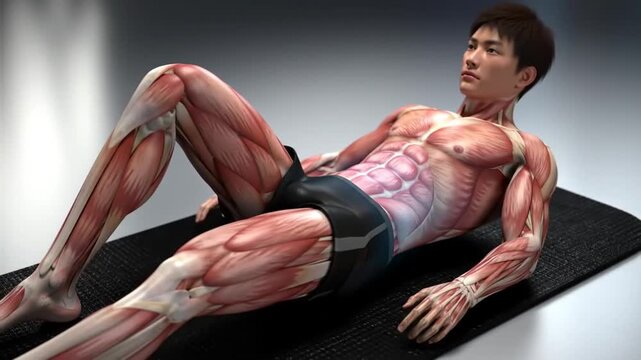 3D anatomical illustration of an Asian man performing sit ups on a mat showing detailed human muscle structure