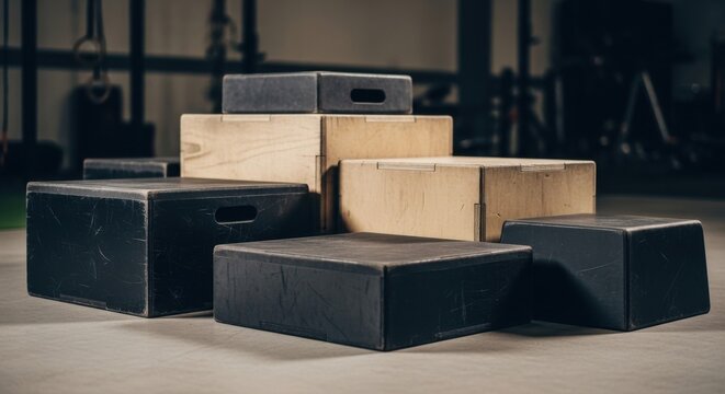 Collection of sturdy wooden plyometric boxes of varying heights arranged for fitness training sessions