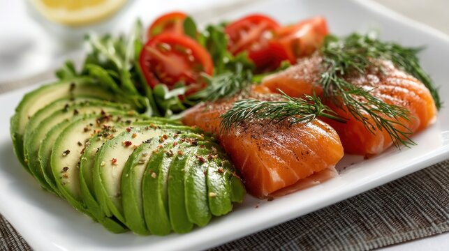 A plate of salmon, avocado, and tomato salad with herbs and spices, garnished with fresh dill and lemon wedges.