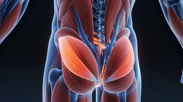 3D anatomical illustration of human gluteus maximus muscle highlighted in the posterior muscular system