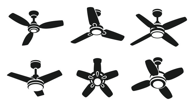 Collection of ceiling fan silhouettes in various designs black on white silhouette