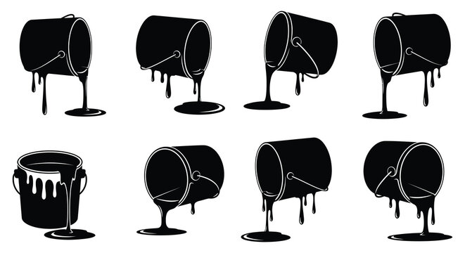 Collection of paint cans with dripping paint black silhouette high quality professional detailed