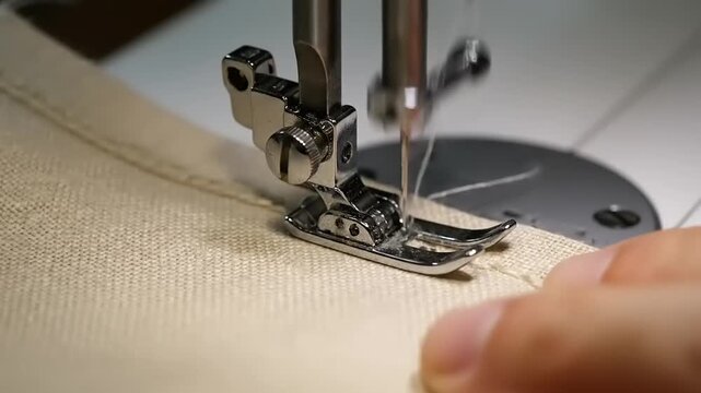 Sewing machine stitching beige fabric.