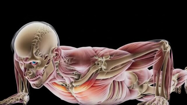 3D anatomical illustration showing human musculature and skeletal structure performing a pushup on a black background