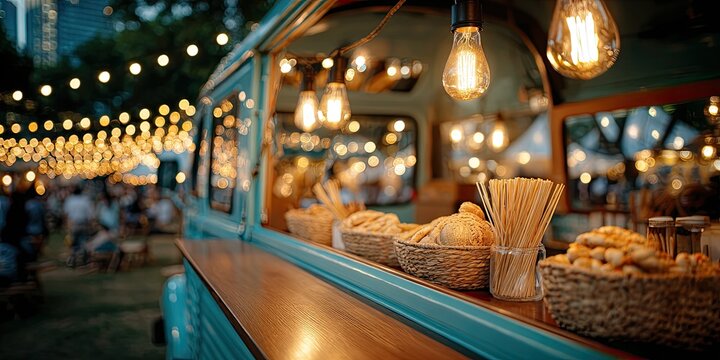 Food truck at outdoor event with string lights and people dining