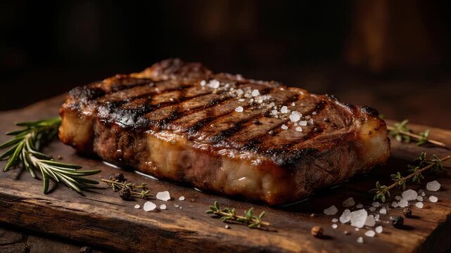Grilled Ribeye Steak with Rosemary on Rustic Wooden Board