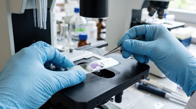 Scientist preparing a tissue sample on a microscope slide in a laboratory