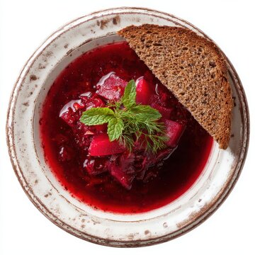 Rustic borscht with rye bread slice on plate edge - Ukraine food isolated on a white background