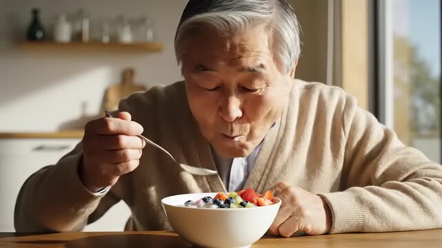 Elderly man eating cereal breakfast.