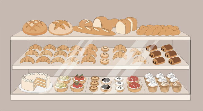 A bakery display case filled with assorted breads and pastries